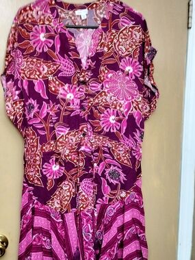 Tribal Pink and Brown Floral Button-Front Tunic Dress